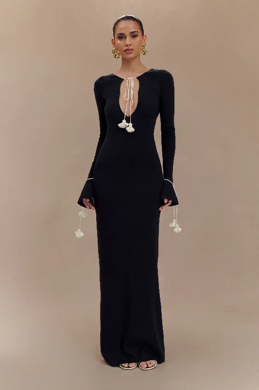 Hurry In Erica Knit Maxi Dress With Floral Ties - Black And White