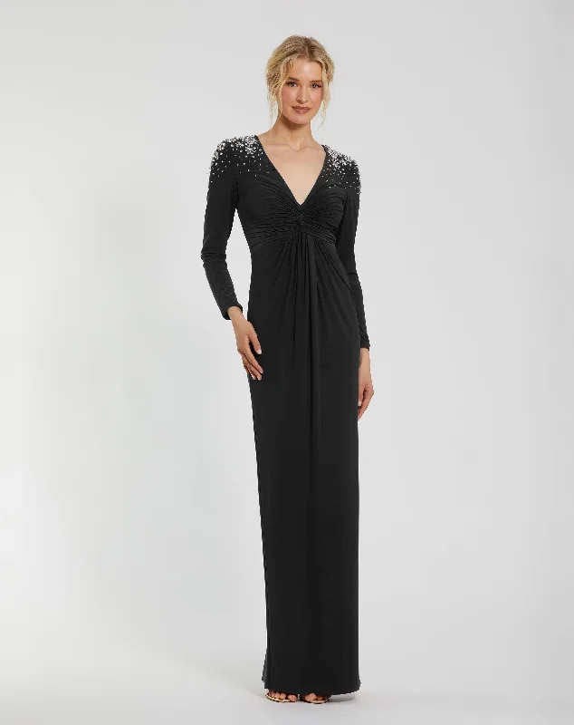 Crazy Deals Jersey V Neck Faux Knot Gown With Beaded Shoulders