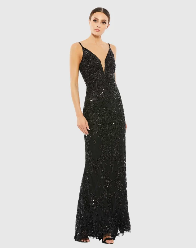 Final Sale Black Embellished Leaf Evening Gown