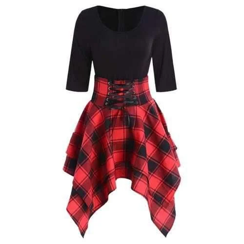 Final Clearance Lace Up Tartan Asymmetrical Dress - M