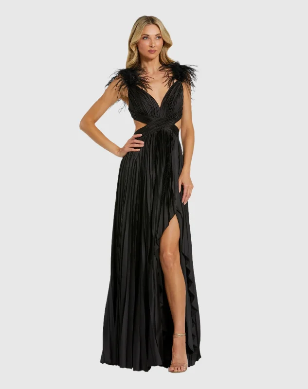 Final Markdown Pleated Feather Cap Sleeve Open Back Gown