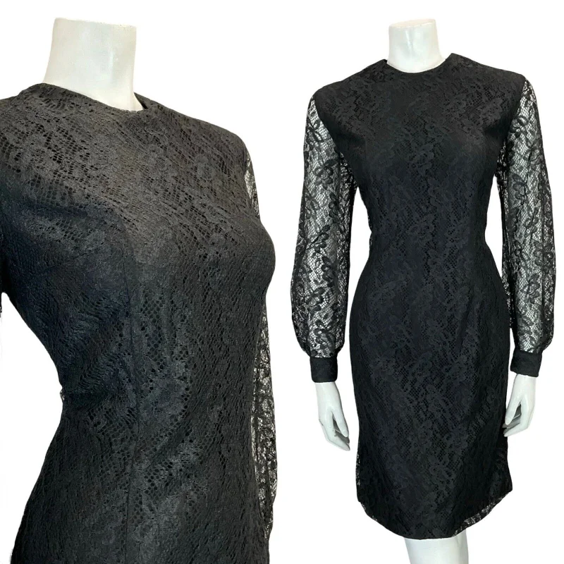 Exclusive Access VTG 60S BLACK LACE LONG SLEEVE EVENING PARTY LITTLE BLACK DRESS SIZE 12