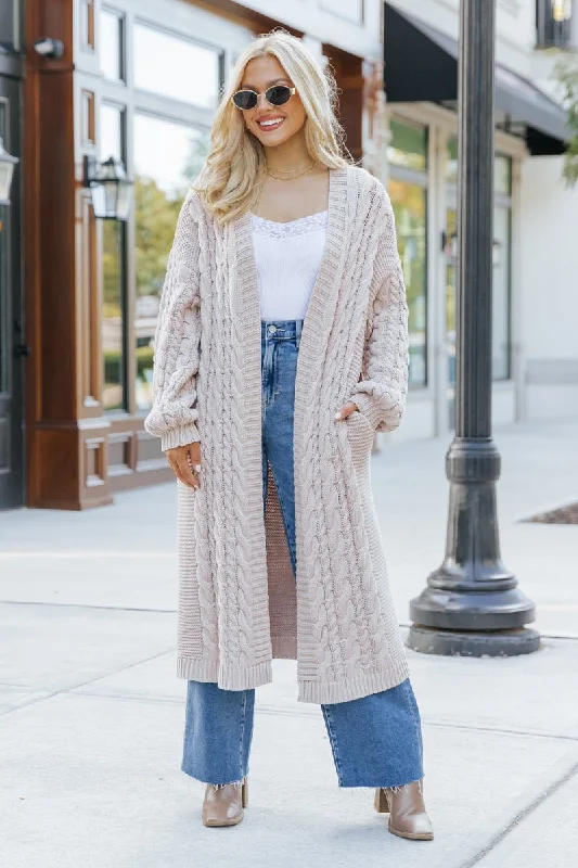 Limited Availability Chunky Cable Knit Duster Cardigan - Light Beige - FINAL SALE