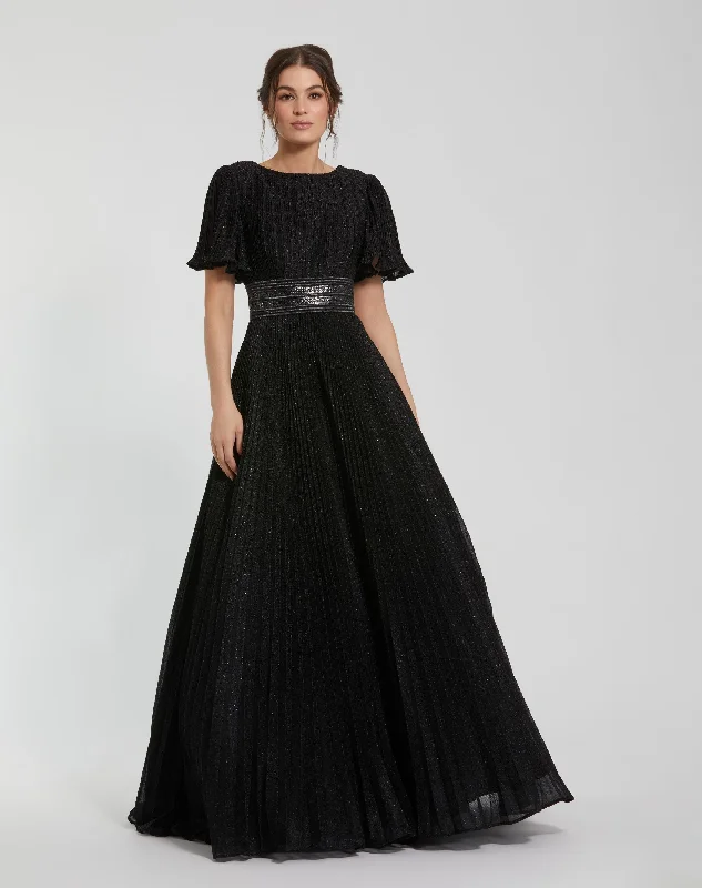 Low Prices Black Pleated Shimmering Georgette Flutter Sleeve Gown