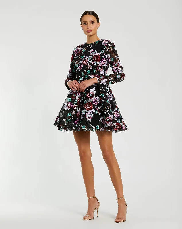 Online Only Black High Neck Long Sleeve Sequin A Line Mini Dress