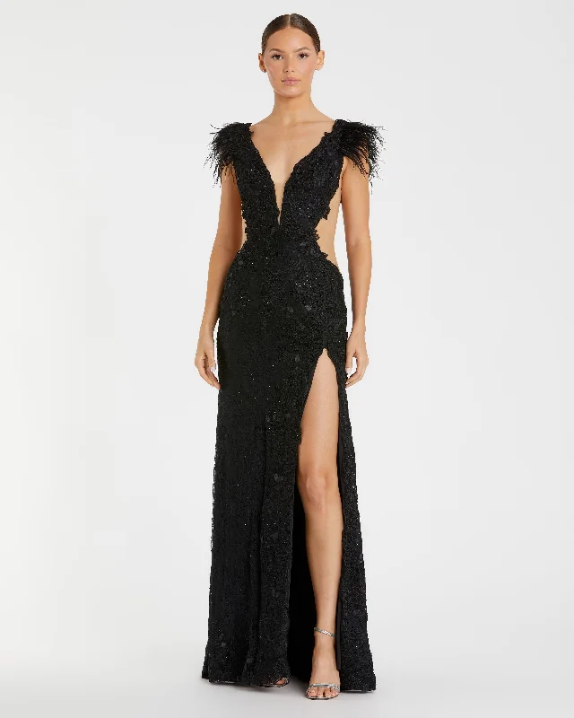 Special Offer Feather Cap Sleeve Lace Gown