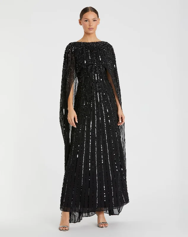 Price Fest Black Embellished Beaded Column Cape Gown
