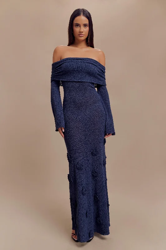 Price Drop Kiki Off Shoulder Knit Rose Maxi Dress - Navy
