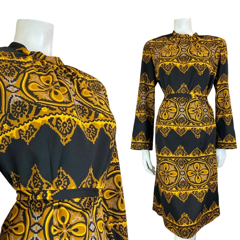 Amazing Deals VTG 70S BLACK BROWN YELLOW BOHO LONG SLEEVE ROUNDED NECK GEOMETRIC DRESS SIZE 16
