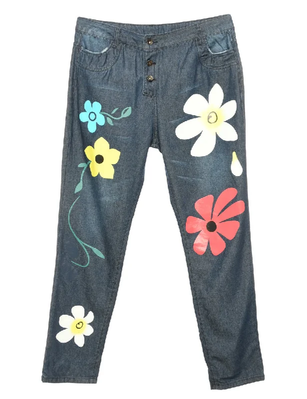 Friends and Family Sale Indigo Floral Paint Tapered Jeans - W34 L31