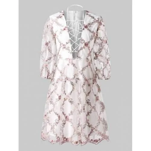 Price Meltdown Tiny Floral Embroidery Lace Up Mesh Dress - L