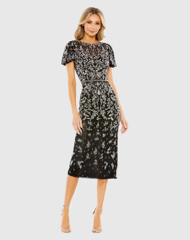 Reduced Prices Embellished High Neck Flutter Sleeve Dress