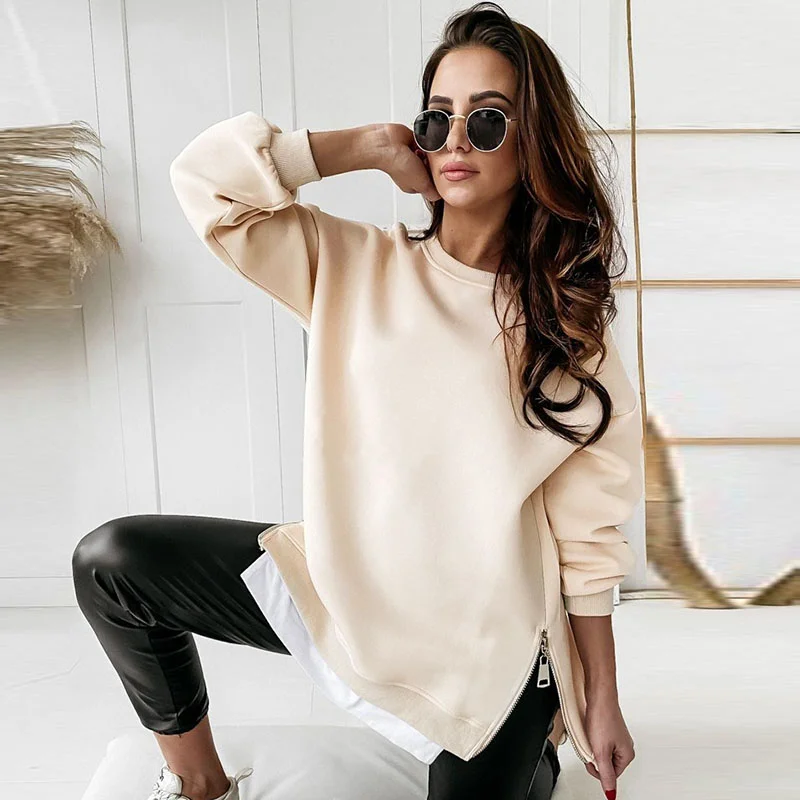 Big Discounts Autumn Winter Women Round Neck Side Zipper Solid Color Casual Sweatshirt