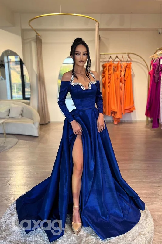 Price Drop 16813 - A Line Halter Beads Long Sleeves Formal Prom Dress with Slit