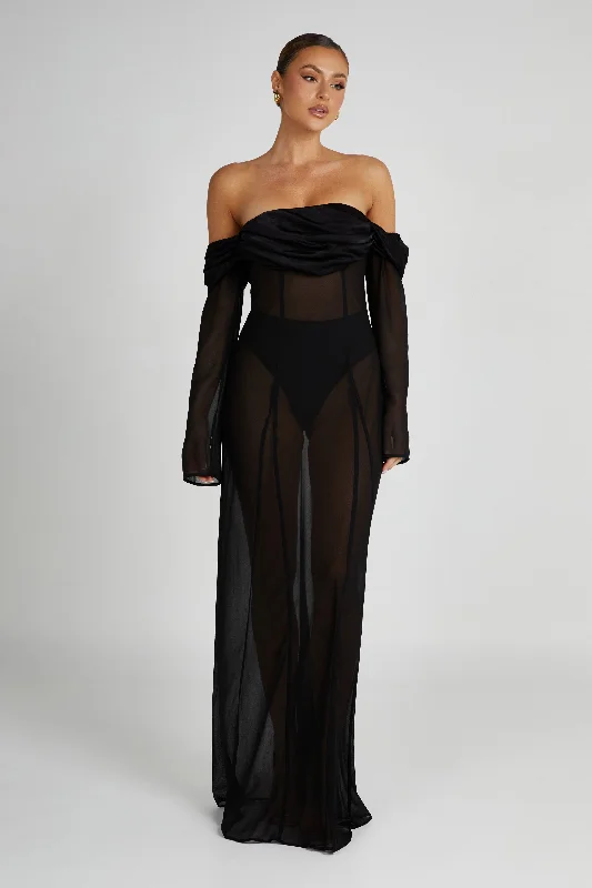 Instant Discount Ivanna Off Shoulder Chiffon Maxi Dress - Black
