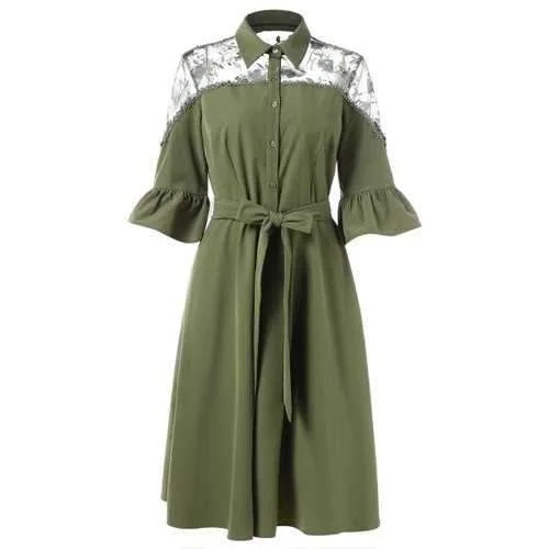 Massive Deals Flare Sleeve Lace Panel Belted Dress - Fern Green Xl