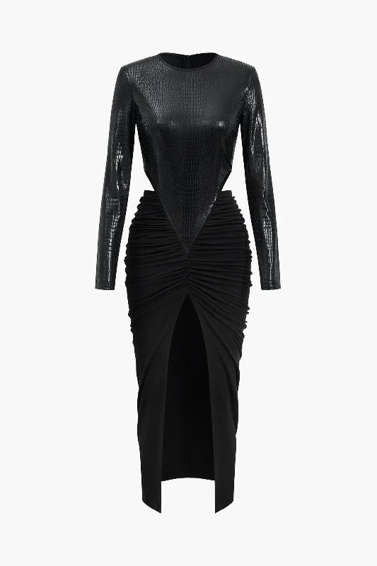 Buy Now Faux Leather  Patchwork Long Sleeve Maxi Dress