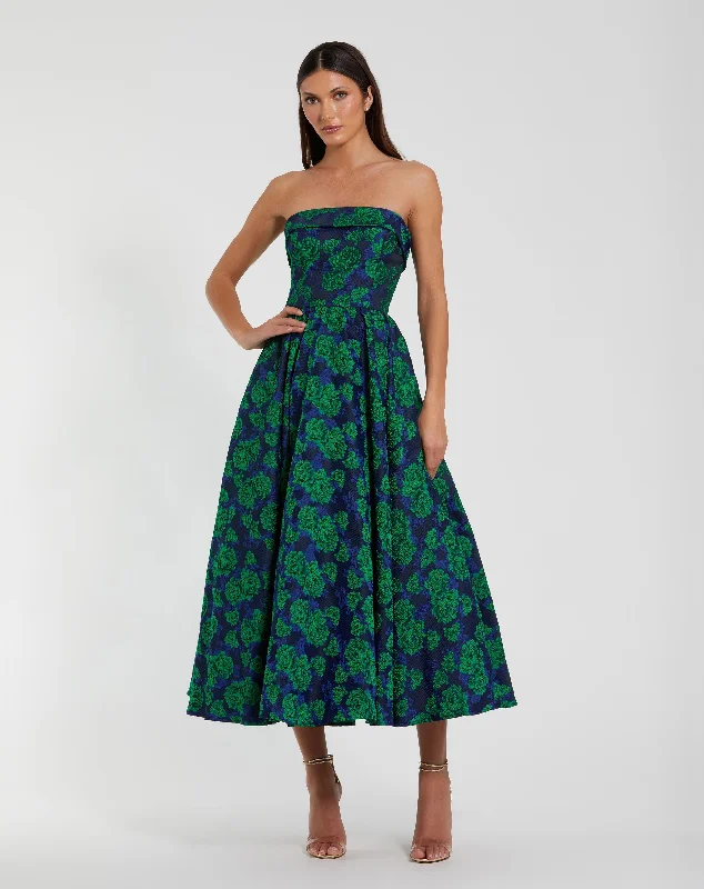 Act Now Brocade Strapless A Line Midi Dress