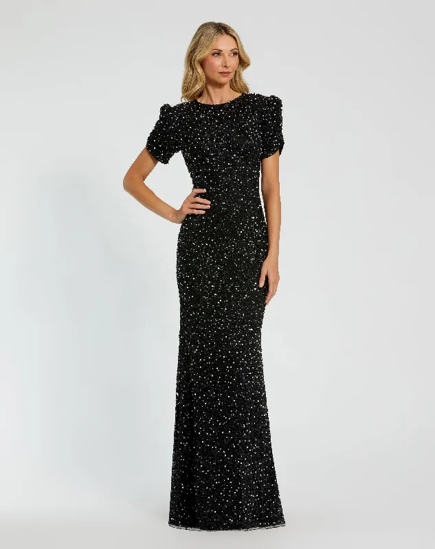 Deal Explosion Black Gathered Short Sleeve Beaded Gown