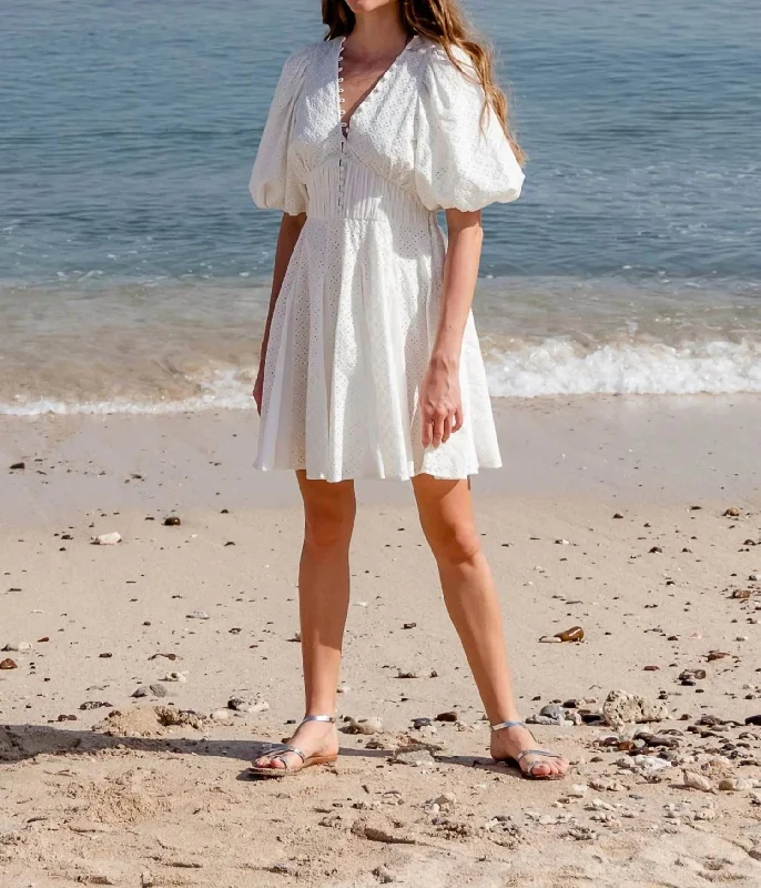 Can't Miss Eyelet Embroidered Balloon Sleeve Skater Dress In Crisp White
