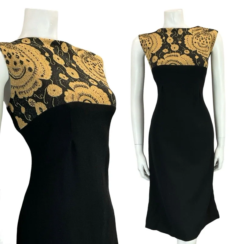 Super Bargain VTG 60S MOD PARTY FORM FITTING BLACK GOLD PSYCHEDELIC FLORAL SLEEVELESS DRESS 14