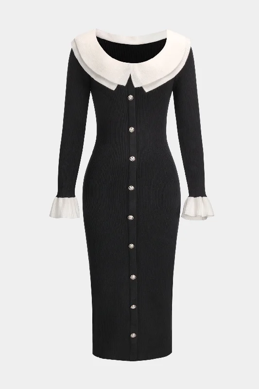 Price Blitz Knit Button Puff Patchwork Long-Sleeve Dress