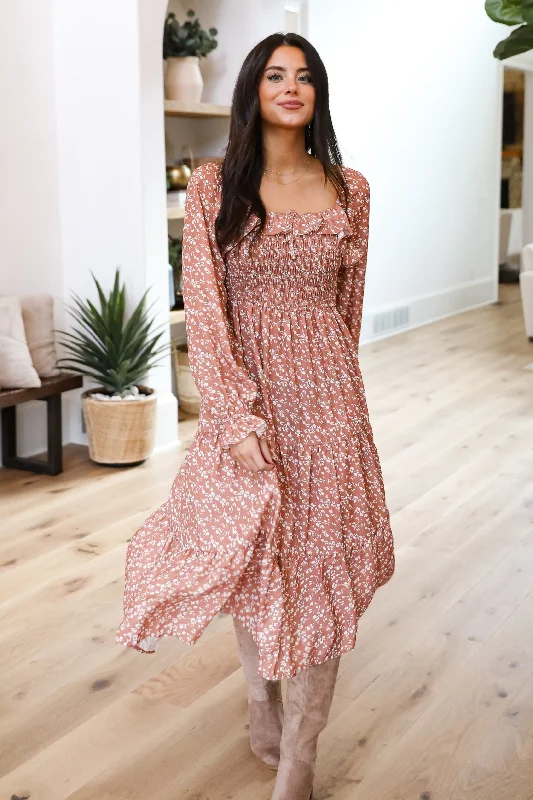 Online Only Elevated Invite Rust Floral Midi Dress