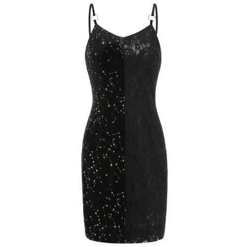 Extra Discounts Velvet Star Lace Panel Cami Dress - Black M