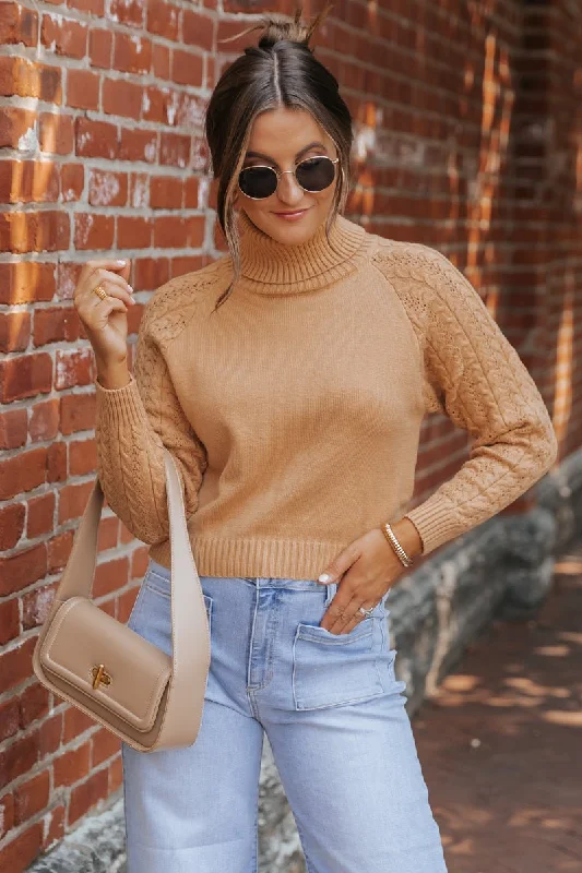 Limited Time Offer Camel Cable Knit Sleeve Turtleneck Sweater - DOORBUSTER