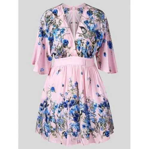 Closeout Floral Print Cut Out Faux Wrap Dress - Pig Pink Xl