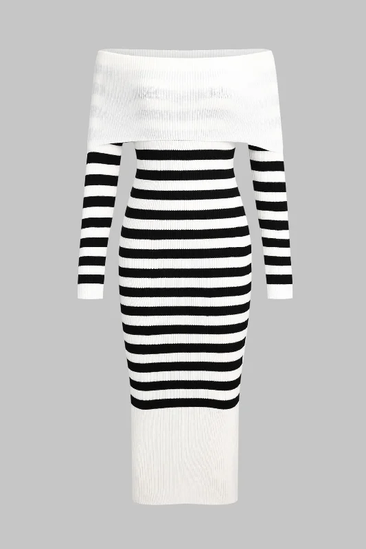 Can't Miss Knit Zebra Stripe Off Shoulder Long Sleeve Dress