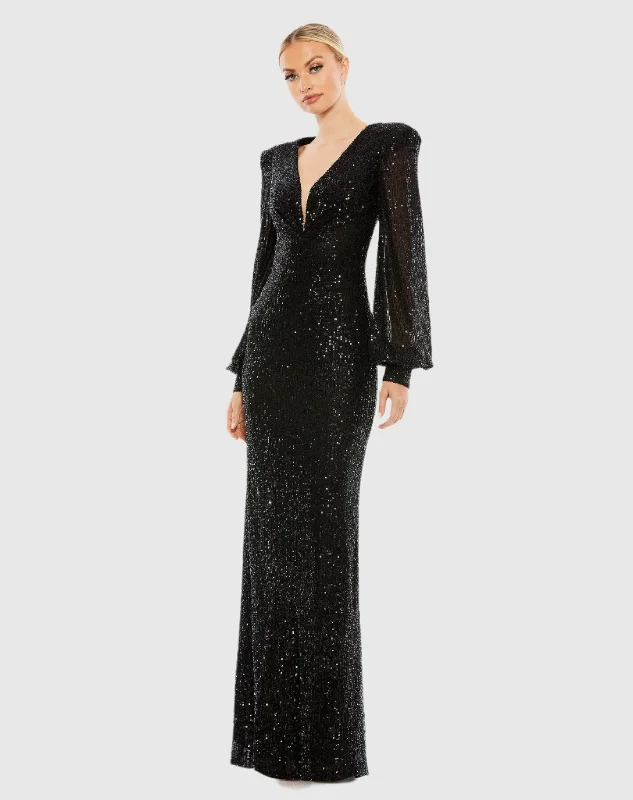 Discount Days Black Sequined Plunge Neck Structured Bishop Sleeve Gown