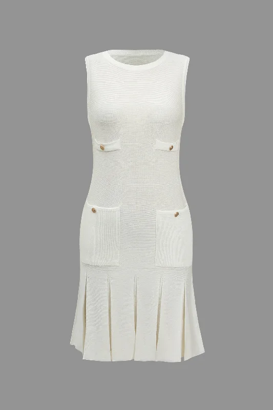 Massive Deals Basic Solid Knit Button Decoration Pleated Dress