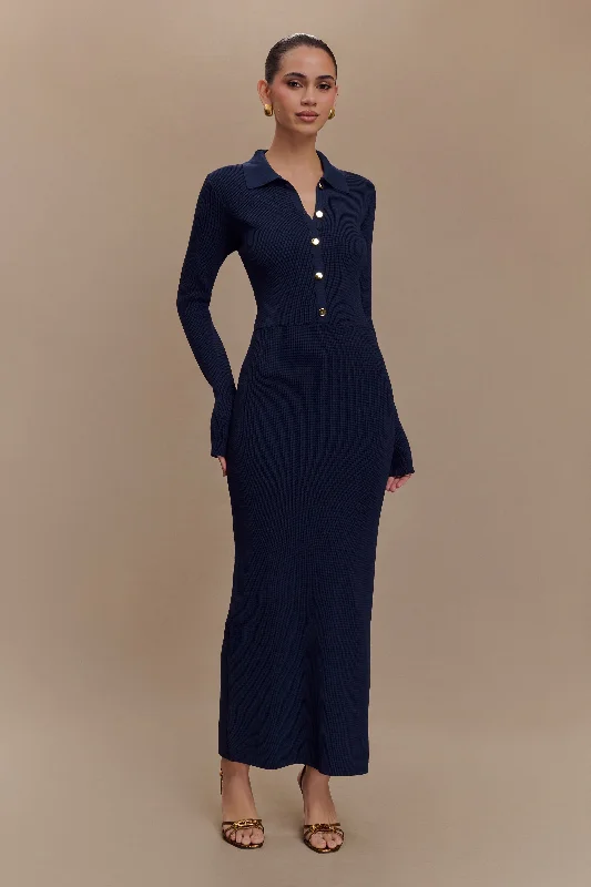 Overstock Sale Abbey Buttoned Knit Midi Dress - Navy