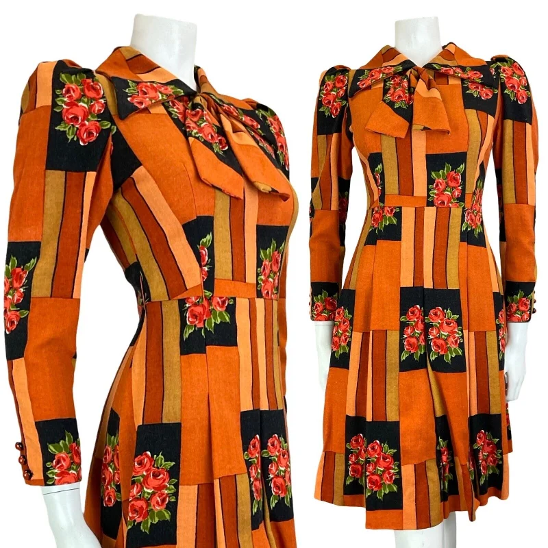 Loyalty Reward VTG 60S 70S WING COLLAR TIE ORANGE BLACK LONG SLEEVE PLEATED FLORAL MIDI DRESS 4