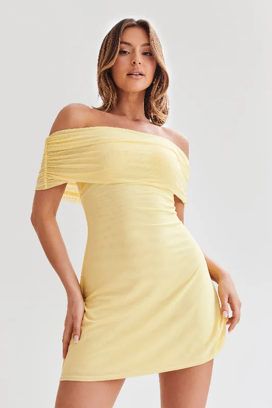 Overstock Josie Off Shoulder Mesh Mini Dress - Lemon