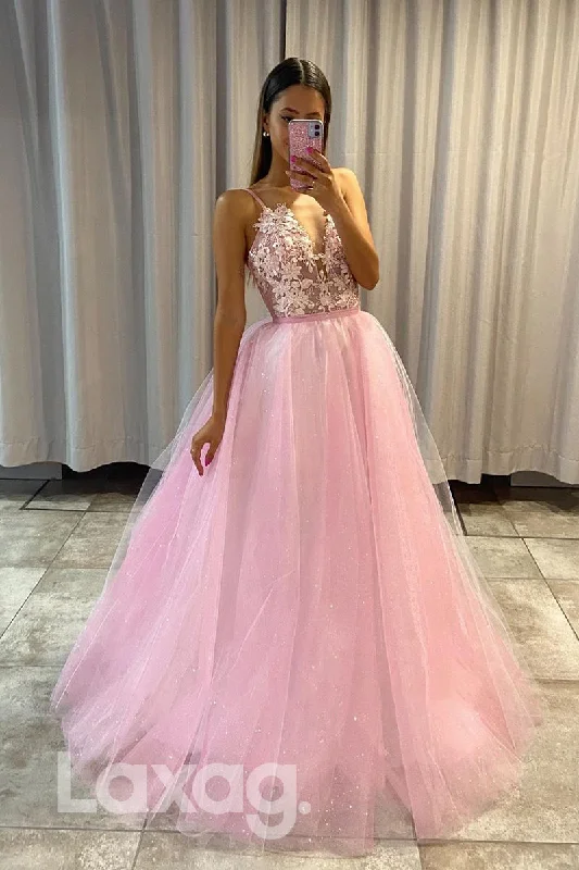 Overstock Sale 18707 - Floral Appliqued Illusion Cutout Tiered Sleeveless Straps Tulle Gown