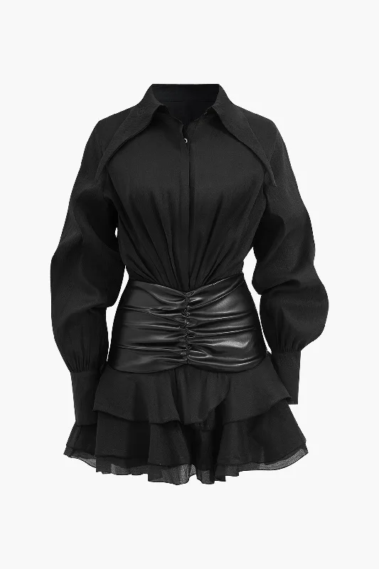 Steals and Deals Chiffon Faux Leather Patchwork Ruffle Long Sleeve Mini Dress