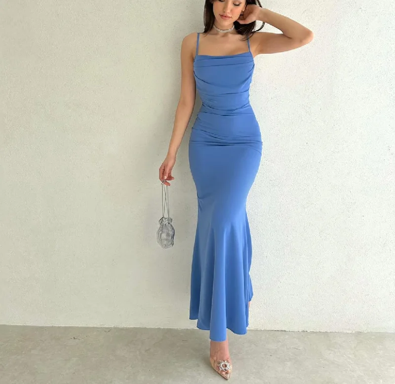 Price Fest Elegant Spaghetti Straps Blue Mermaid Prom Dress Y6668