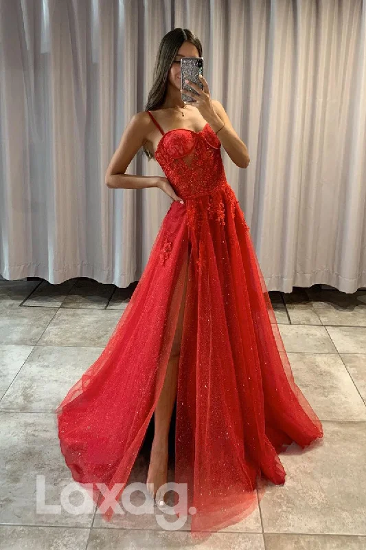 Major Savings 17780 - Women's Spaghetti Straps Lace Applique Long Prom Dress with Slit