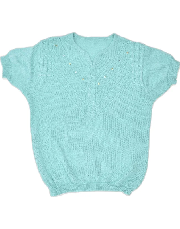 Buy Now VINTAGE Womens Short Sleeve V-Neck Jumper Sweater UK 14 Medium Blue Cotton