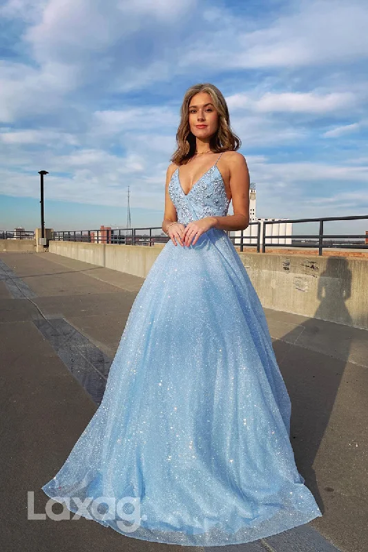 Savings Event 18703 - V-Neck A-Line Beaded Lace-Up Tulle Prom Dress
