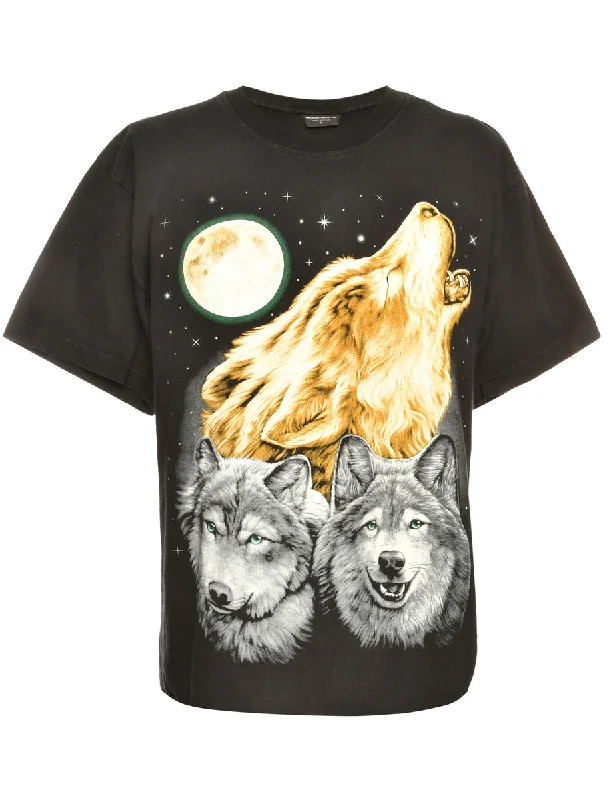 New Arrival Wolf Print Black Animal T-shirt - L