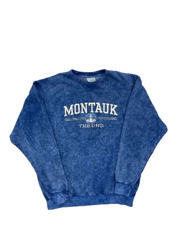 Sale Event Adult Unisex Crewneck Pullover with Embroidered Montauk The End and Anchor in Denim Blue
