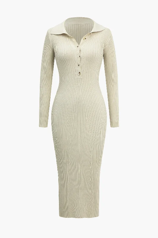 Stock Clearance Solid Knit Button Long Sleeve Dress
