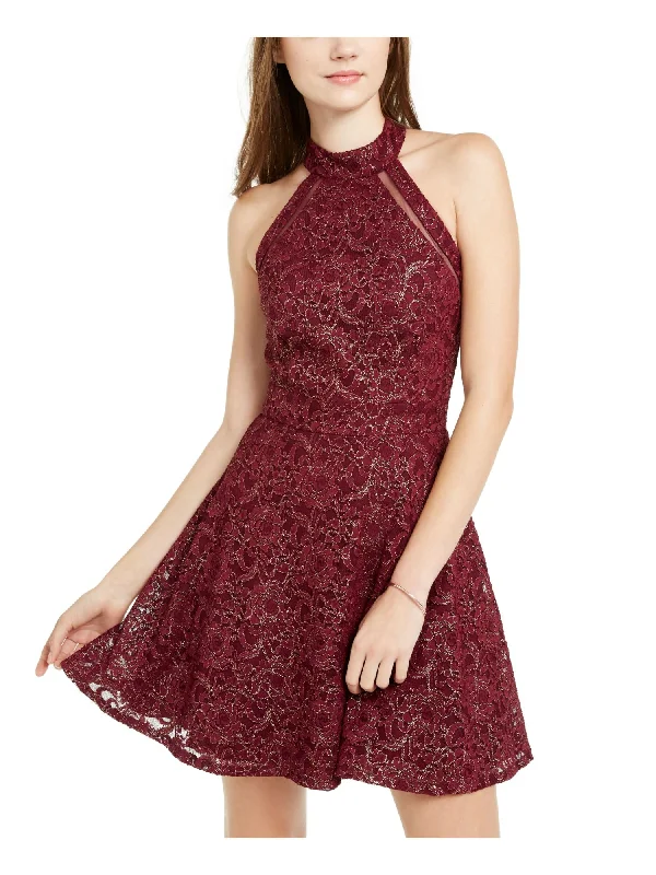 Warehouse Sale TEEZE ME Womens Zippered Textured Floral Sleeveless Halter Mini Evening Fit + Flare Dress