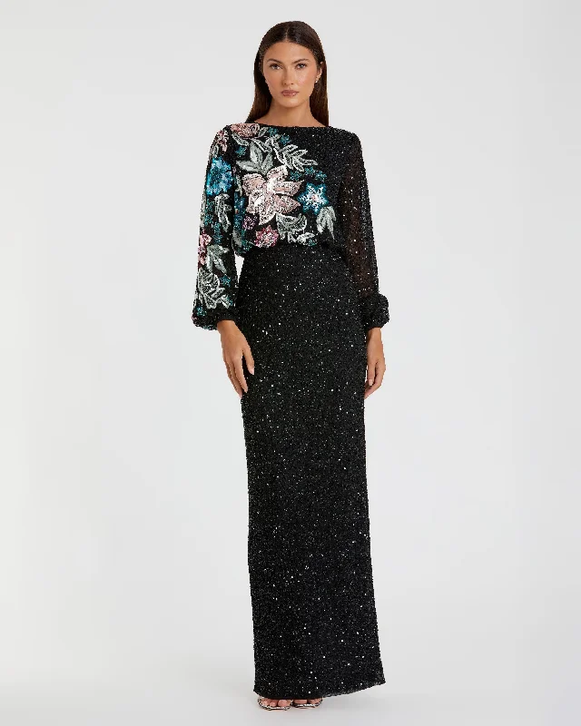 Super Sale Black Embellished Floral High Neck Gown