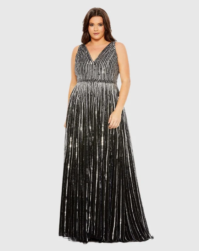 Major Savings Black and Silver Sequined Striped Sleeveless V Neck A Line Gown (Plus)