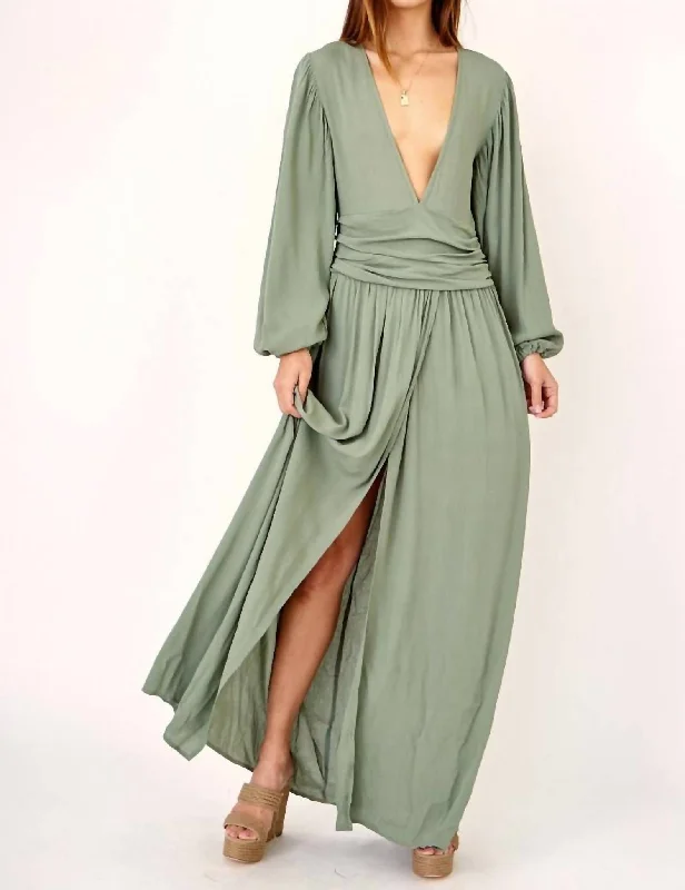 Discount Mania Plunge Neck Maxi Dress In Sage