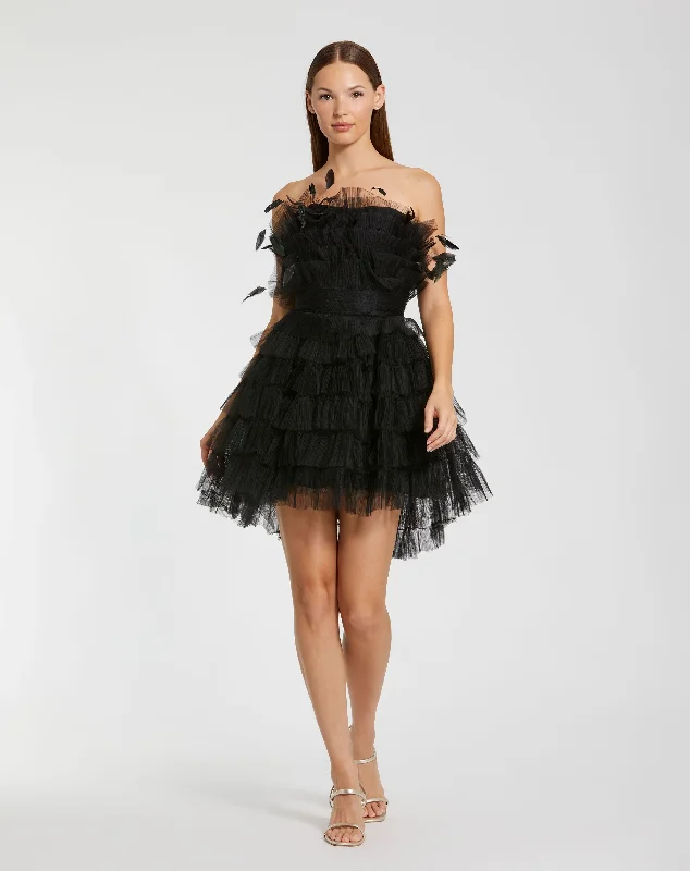 Special Savings Black Feathered Strapless Tulle Fit and Flare Dress